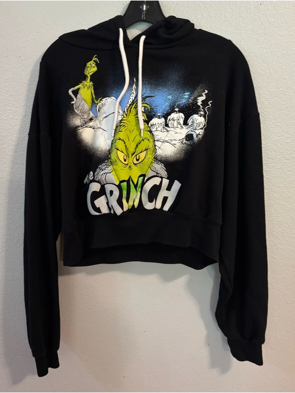 The Grinch Graphic Cropped Sweater Womens Extra Large Black Hoodie Sweatshirt
